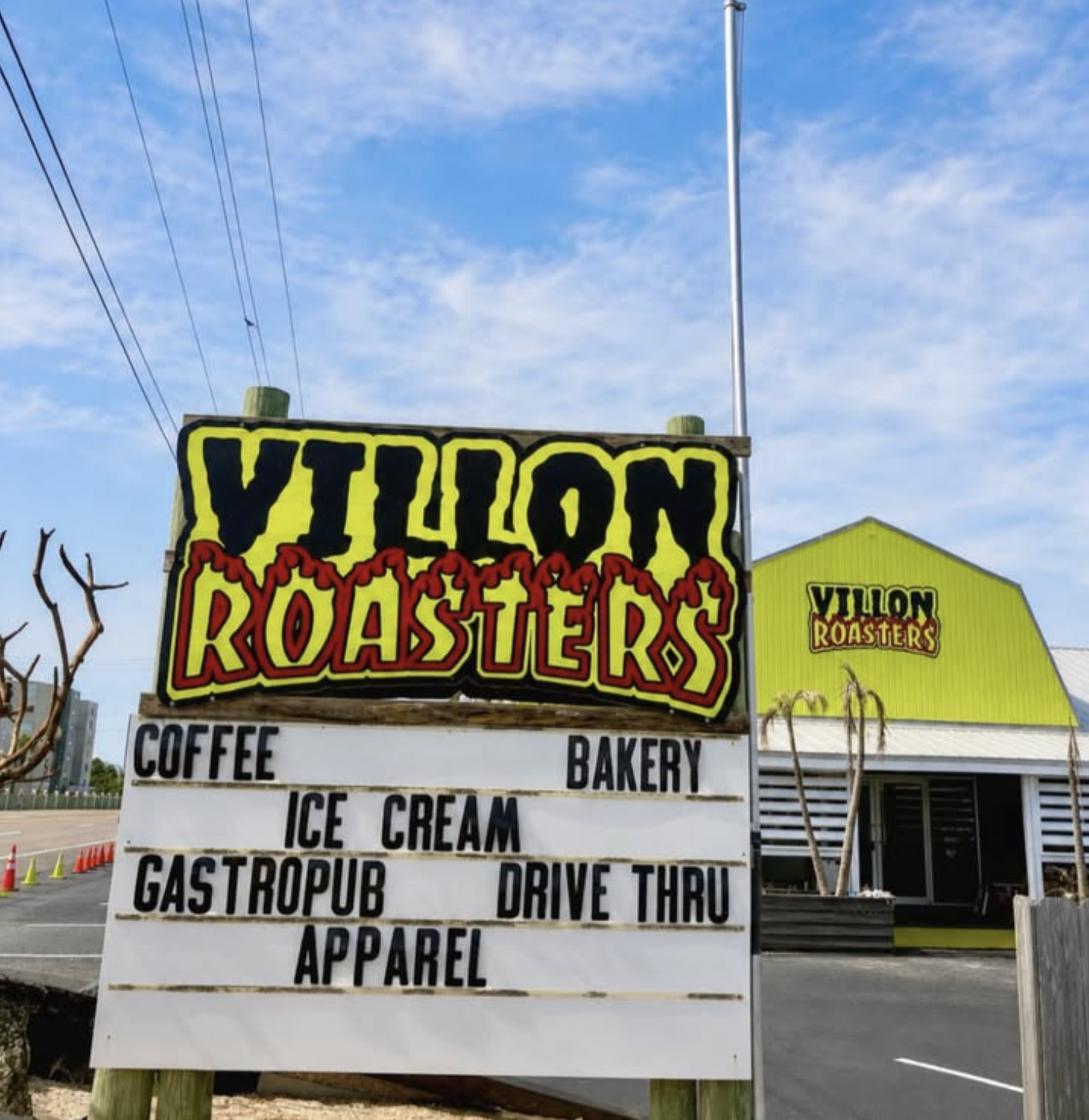 Villon Roasters roadside sign and building